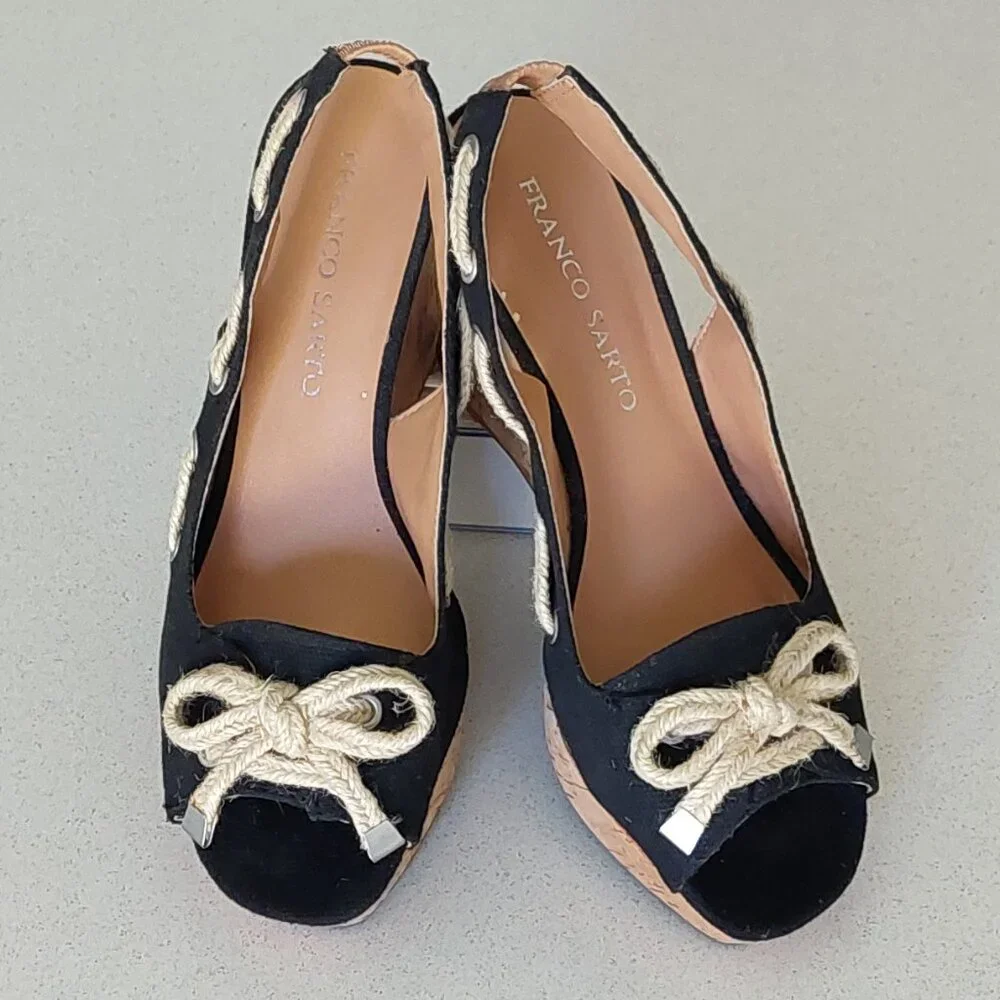 Franco Sarto Black and Cork Rope-Accent Wedge Sandals
